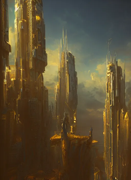 Prompt: orthographic view of cyberpunk castle in the sky, by vitaly bulgarov, john howe, ivan aivazovsky. intricate details, golden hour, backlit, classical painting, front view, blue and gold, cinematic composition, hdr, 4 k, trending on art station, octane render,