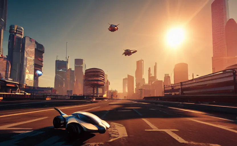 Image similar to photorealistic Flying Cars on cyberpunk roads. daylight. sunlight. lens flare. light fixtures. 8K. detailed. photorealism. artstation. 25mm f/1.7 ASPH Lens. ultra realistic