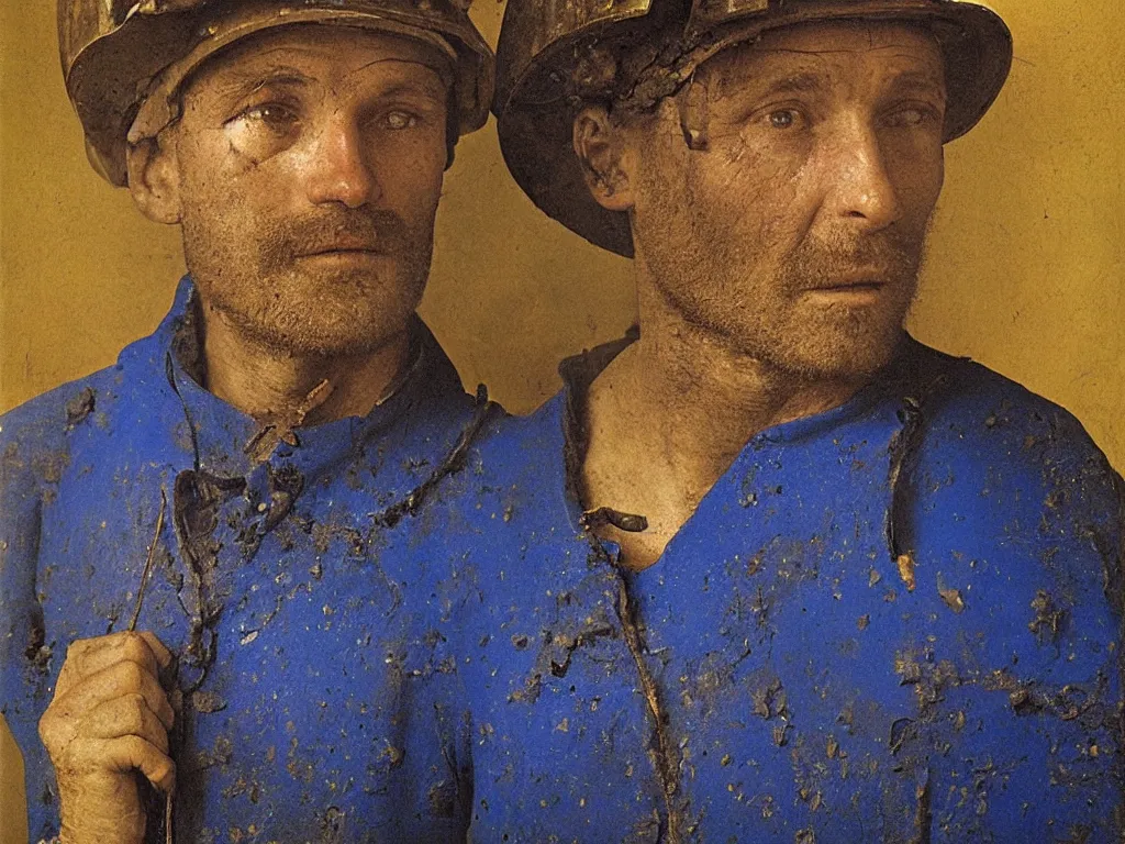 Image similar to portrait of a miner in the coal mines. Lapis lazuli. Painting by Jan van Eyck, August Sander.