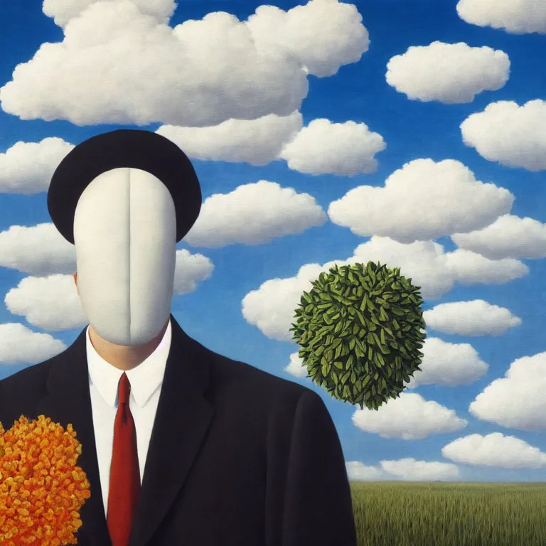 Image similar to portrait of a faceless beautiful flower - head man in a suit, clouds in the background, by rene magritte, detailed painting, distance, middle centered, hd, hq, high resolution, high detail, 4 k, 8 k