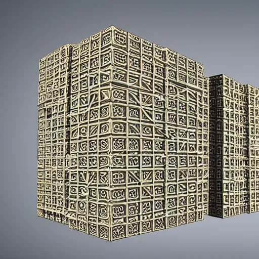 Prompt: 3 d rendering of menger sponge, the size of a building, dramatic lighting, with lights on in the windows