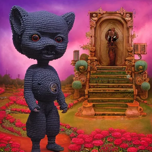 Image similar to wide angle dynamic portrait of a chibbi dogon priest in a rose garden with a red pond and a golden ornate steampunk portal, amigurumi by mark ryden and todd schorr and mark davis and zdislaw beksinski in a surreal lowbrow style, digital paint, matte paint, vivid synthwave colors, breathtaking landscape