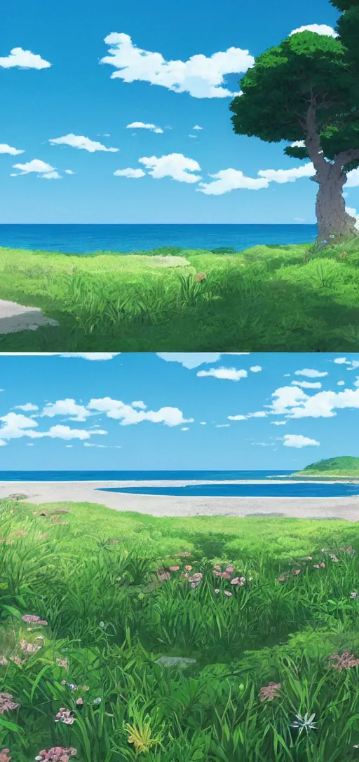 Image similar to rolling meadows next to an ocean by studio ghibli, peaceful, serene, beautiful