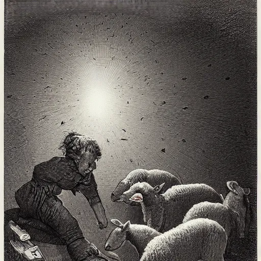 Prompt: gordon ramsey salivating over lambs, etching by gustave dore, colorful flat surreal, ethereal, intricate, sharp focus, illustration, highly detailed, digital painting, concept art, masterpiece