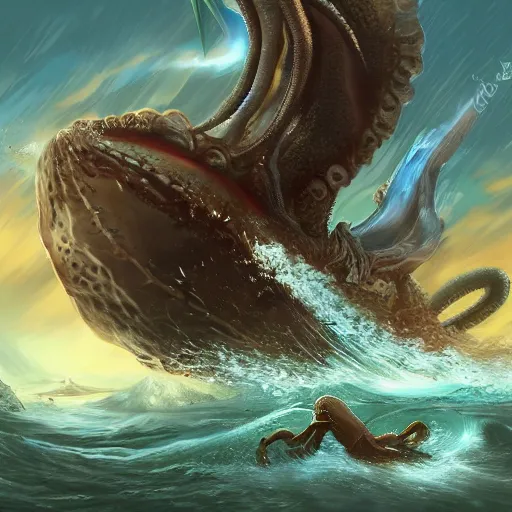 Image similar to digital artwork of a wonderful an big galion attacked by a giant octopus, ocean. d & d, illustration, realism, trending on artstation