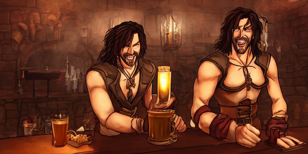 Prompt: Trevor Belmont from Castlevania, enjoying a pint of ale at a tavern, digital art, HDR, happily smiling, holding the pint of ale, sitting at the bar, warm lantern lighting.