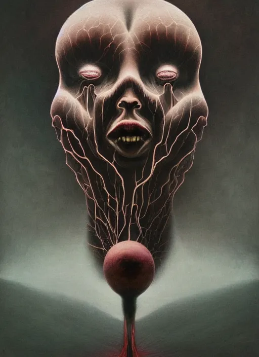 Image similar to dramatic portrait painting of human with black mandelbrot fractal instead of face, in style of zdzisław beksinski, dark, horror, body horror, scary,