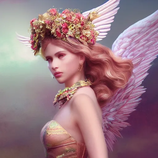 Prompt: expressive full body photo of sophia lauren as beautiful angel, smooth glowing skin, ornate headpiece made from pink flowers, glamour shot, by yoshitaka amano, by greg rutkowski, by jeremyg lipkinng, by artgerm, digital art, octane render, unreal engine, photorealistic, canon r 3, fashion photography