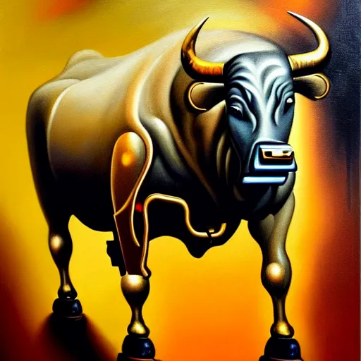 Image similar to a painting of a bull with a gold coin on its back, cyberpunk art by Salvador Dalí, featured on cg society, fantasy art, #myportfolio, official art, poster art