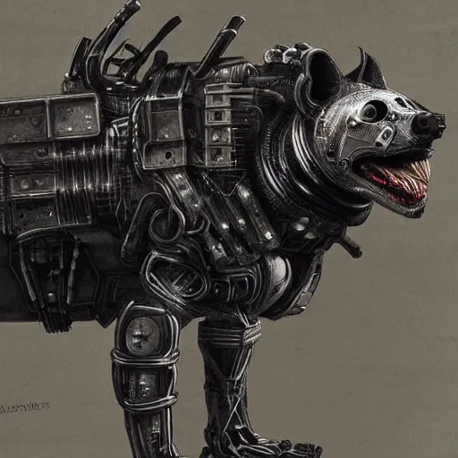 Prompt: cybernetic hyena, bladerunner style, cyborg with lots of metal and wires, realistic highly detailed concept art