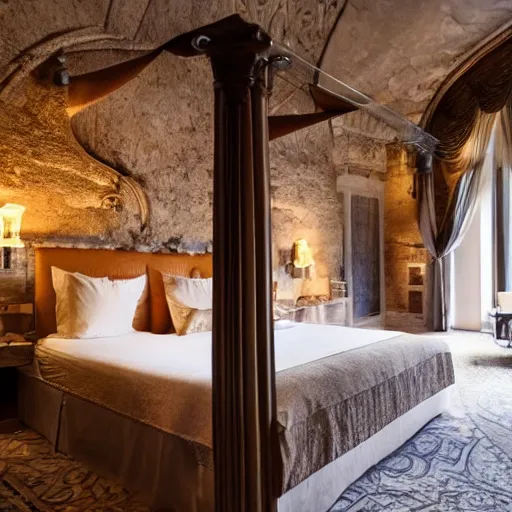 Image similar to bedroom at extremely expensive hotel in ancient roman times. high - fashion boutique hotel. stone walls. statues. carving. detailed beautiful photography.