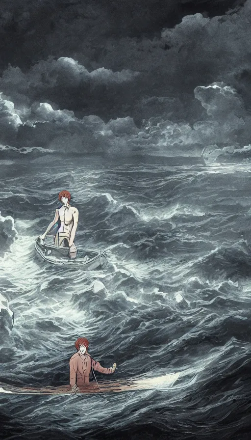 Image similar to man on boat crossing a body of water in hell with creatures in the water, sea of souls, by wit studio