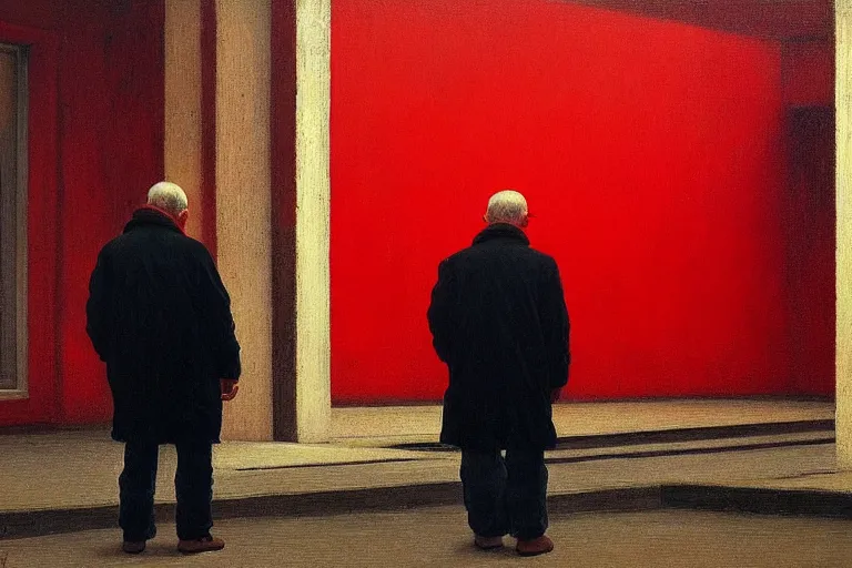 Image similar to only with red, a red old man try to sell a portrait, in a square, crowd cheers, in the style of beksinski, parts by edward hopper, parts by rodcenko, parts by yue minjun, intricate and epic composition, red by caravaggio, insanely quality, highly detailed, masterpiece, red light, artstation, 4 k