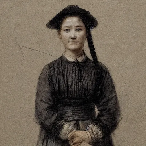 Prompt: a sadly smiling black haired, young hungarian village maid from the 19th century who looks very similar to Lee Young Ae with a braids, detailed, sketch by Rembrandt, Csók István and da Vinci