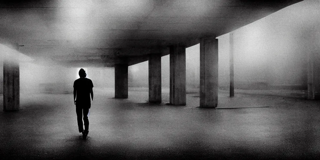 Prompt: jonny greenwood, walking in liminal space interior parking lot, misty, liminal, fluorescent, award - winning photograph, landscape, high detail, hd eyes reflecting into eyes reflecting into infinity, dramatic lighting, ultrafine detail, round black eye pupils, chiaroscuro, private press, associated press photo, angelic photograph, masterpiece