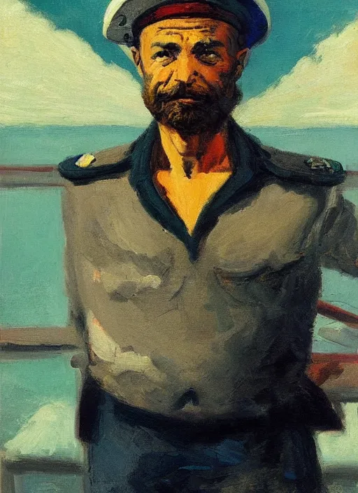 Prompt: portrait of grizzled sailor on ship deck, coherent! by mariusz lewandowski, by frank frazetta, vibrant color, strong line, minimalism, high contrast