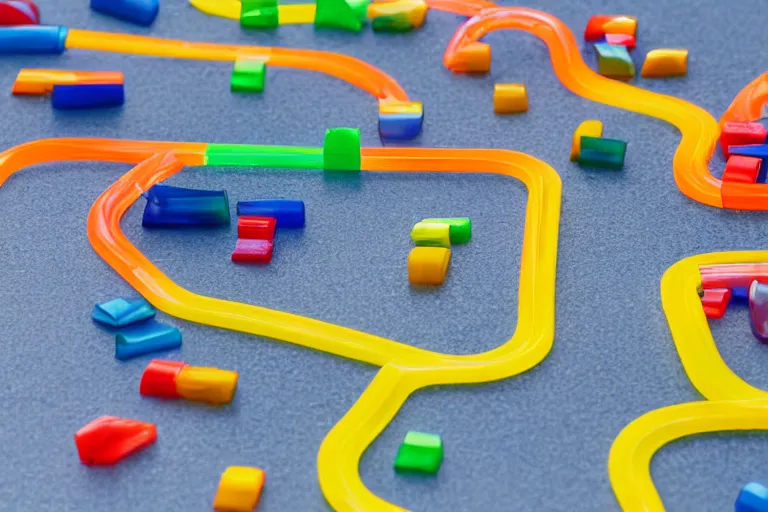 Image similar to windy racetrack made of translucent colorful plastic, 85mm