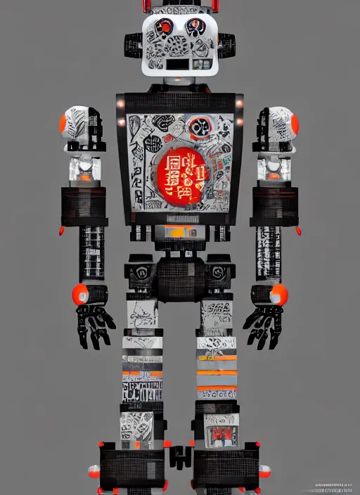 Prompt: full body photo of an industrial punk robot with kanji tattoos and decals wearing a digital pixelated kimono, intricate design, photo - realistic, octane render, dark colour palette, ultra fine detailed, character design, trending on artstation