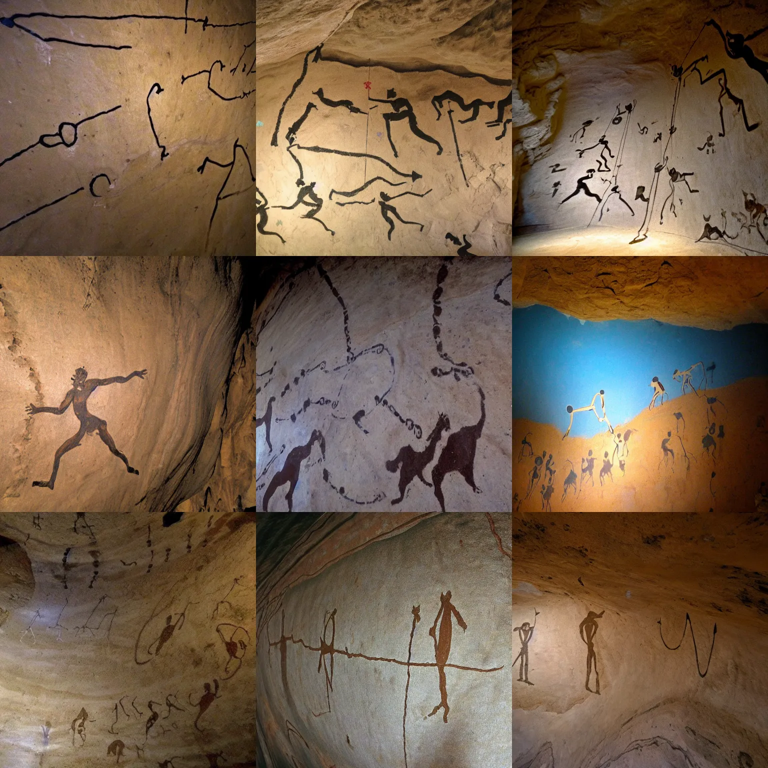 Prompt: Newton's Law of Gravitation as a cave painting at Lascaux