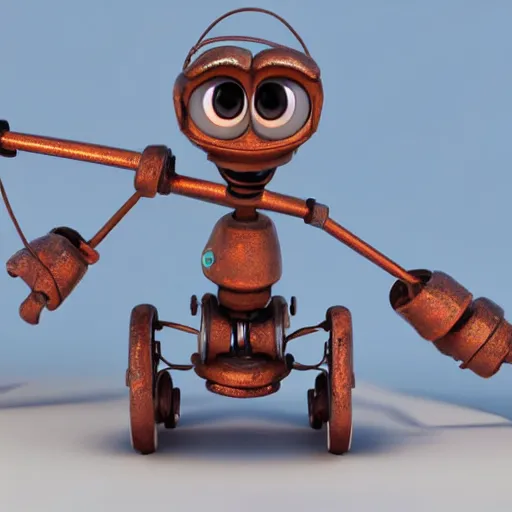 Prompt: figure of rusty bot on 3 wheels, humbly smiling, lightbulbs as eyes, 3 d realistic, pixar esthetics, light tracing, 8 k