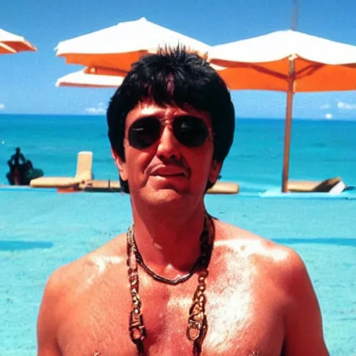 Prompt: tony montana on vacation in benidorm