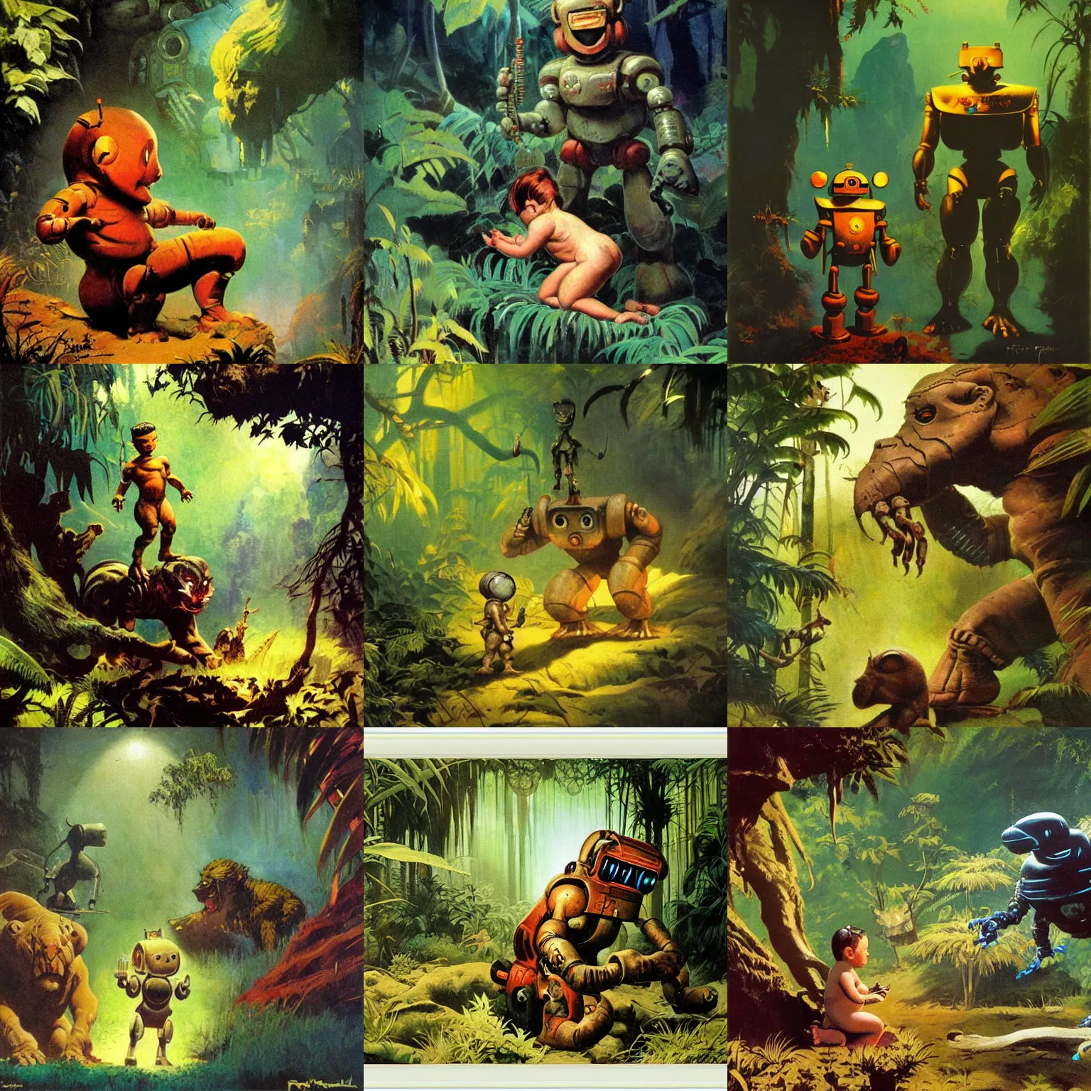 Prompt: frazetta painting of baby robot in mystic jungle, backlight