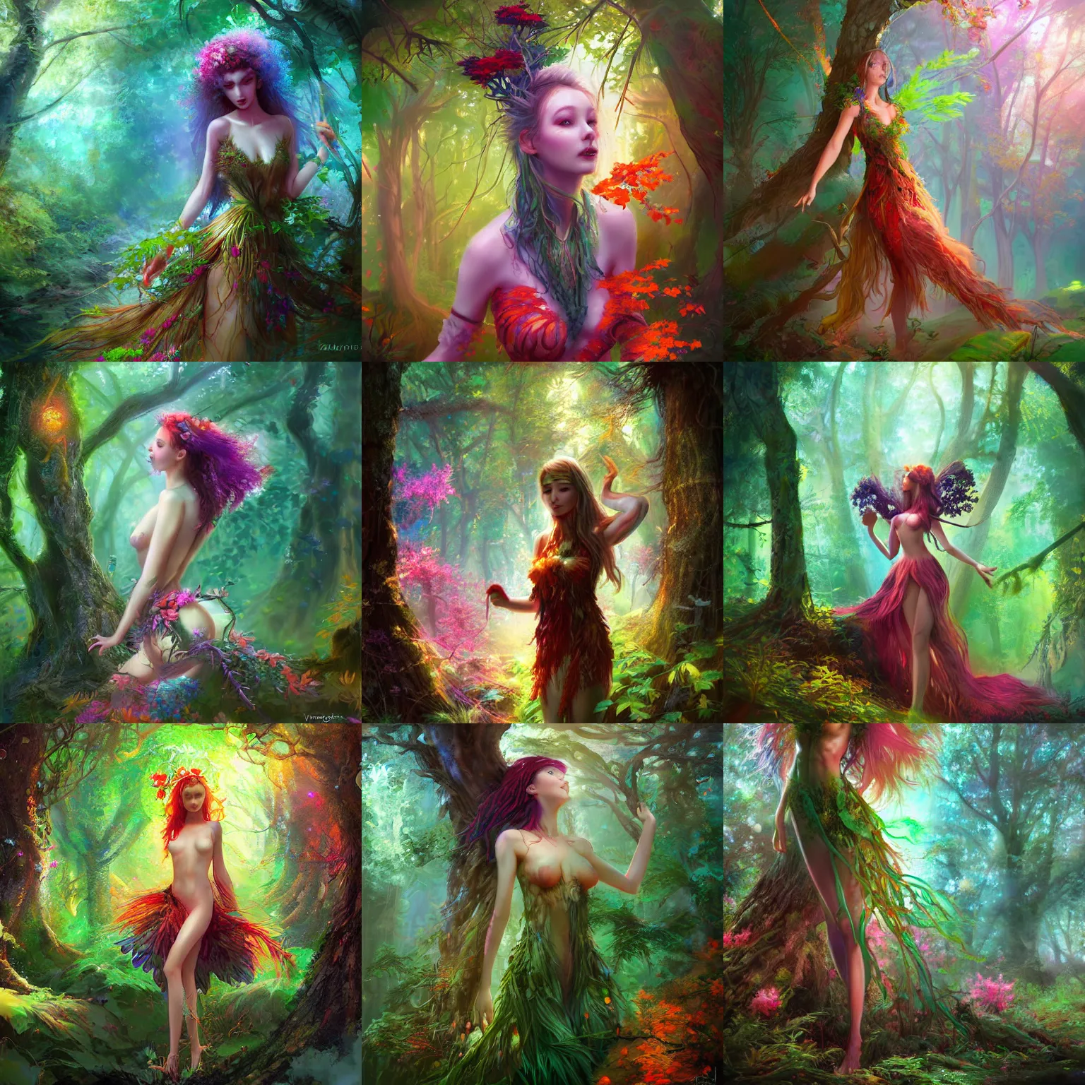 Prompt: dryad in the forest, uplifting, colorful, digital art, concept art, viktoria gavrilenko, wlop, xiaoguang sun