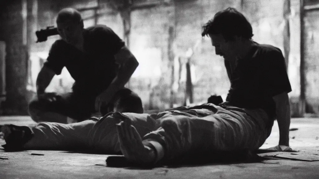 Image similar to film still of a wounded man in a white shirt laying in a warehouse next to a gun on the ground. moody, grainy, 4 k, high detail, aesthetic, good composition, anatomically correct, directed by quentin tarantino,