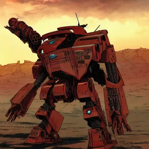 Prompt: comic book style battlemech, post-apocalyptic, high-tech, hulking, wide shot, desert background, highly detailed, artstation, concept art, sharp focus, illustration, art by yoshiyuki tomino and magali villeneuve, red brown and white color scheme