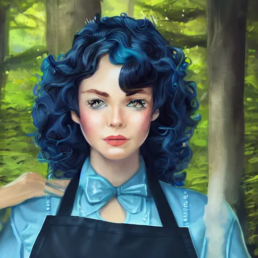 Image similar to a portrait of a 1 9 6 0 s woman with curly black hair and blue eyes, and an apron in the forest, dynamic lighting, fantasy concept art, trending on art station, stunning visuals, cinematic, ultra detailed