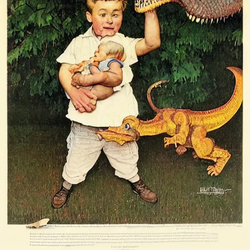 Prompt: a Norman Rockwell painting of a boy and his baby t-rex