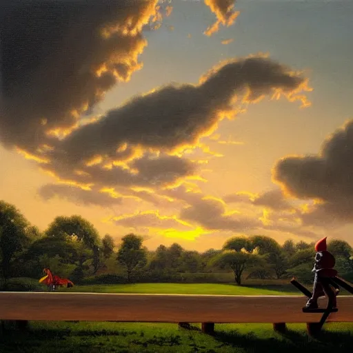 Prompt: eye - level view, shot from 5 0 feet distance, baby yoda plays is on a seesaw at a tranquil city park. a balloon vender sells balloons in the background. depth, dramatic clouds, setting sun. golden hour, oil on canvas painting, detailed, depth, volume, chiaroscuro, quiet intensity, serene.