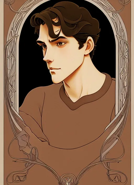 Image similar to art nouveau portrait of a handsome young man with curly medium length light brown hair, brown eyes, serious facial expression, gloomy mood, annoyed, t - shirt, natural lighting, path traced, highly detailed, high quality, cartoon, digital painting, by don bluth and ross tran and studio ghibli and alphonse mucha