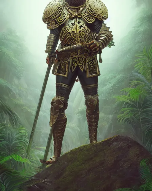 Image similar to ultra realistic illustration of a spanish conquistador wearing ornate armor in a dense foggy jungle environment by artgerm and miyazaki, octane, studio ghibli color scheme, intricate, portrait, anatomy, artstation, cinematic lighting, sharp focus, portrait, concept art, game art