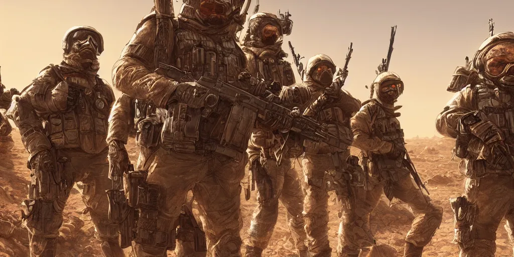 Image similar to highly detailed image of a tactical squad of hamsters dressed in tactical gear holding rifles, in a desert, stephen bliss, unreal engine, fantasy art by greg rutkowski, global illumination, detailed and intricate environment