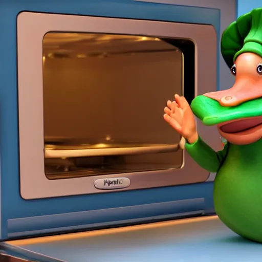 Image similar to pixar 3 d style cute platypus on a kitchen wearing a chef hat and holding a lasagna into an oven, pixar style, 3 d, ratatouille style