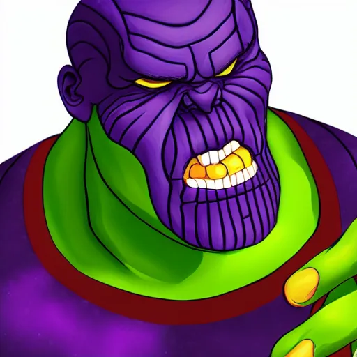 Image similar to caricature of thanos eating apple in galaxy, 8 k, digital art, artstation, detalied, high quality,