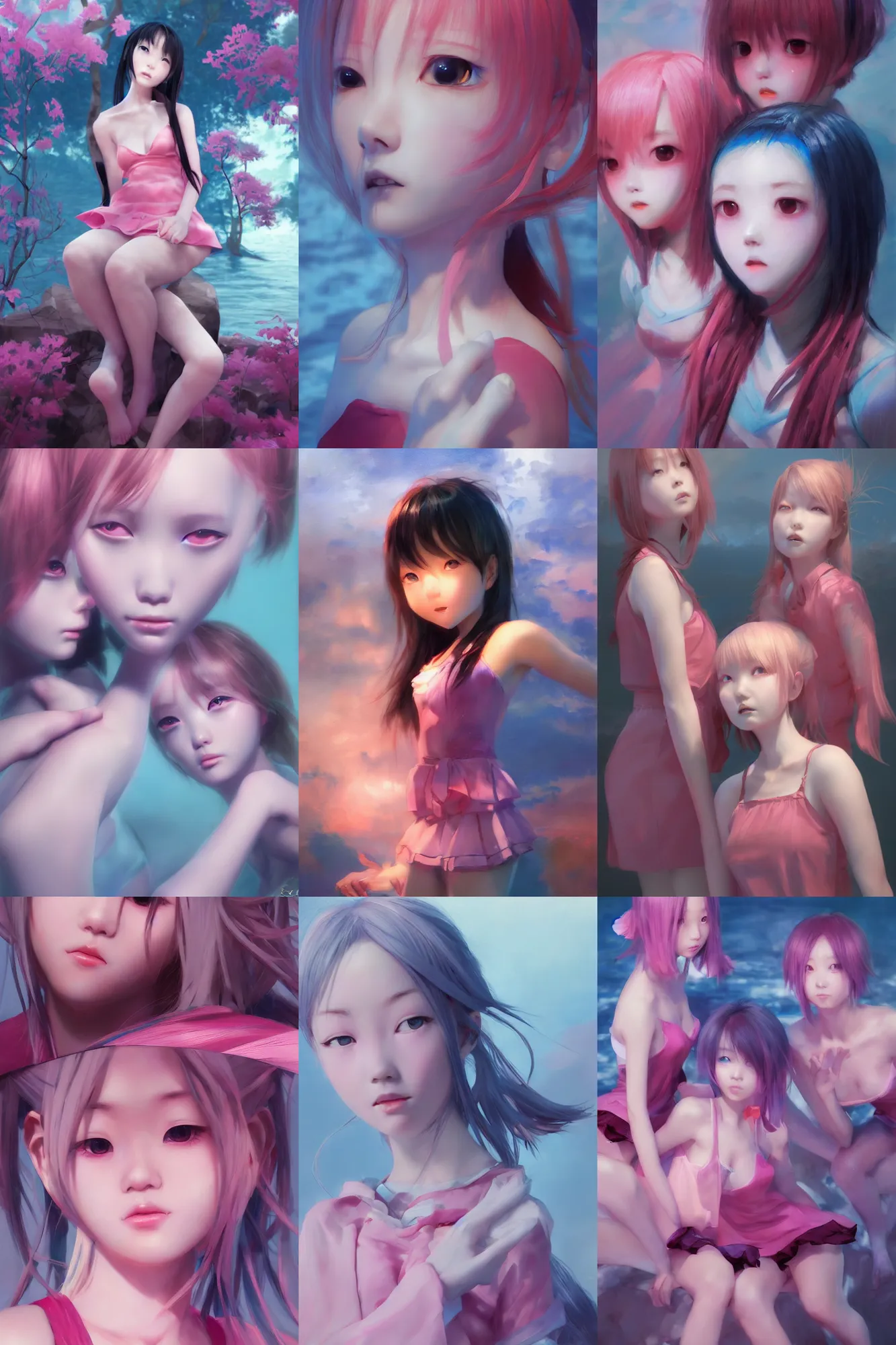 Image similar to 3d dark infrared octane render concept art by D. Jun, by Mo Xiang Tong Xiu, by Igarashi Daisuke, beauty portrait anime schoolgirls under dark pink and blue water. cute face. dramatic light, trending on artstation, oil painting.