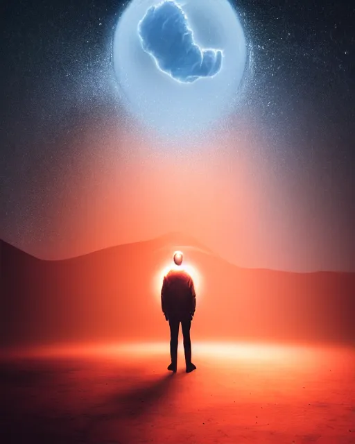 Image similar to a person standing in front of a glowy open door that's on a barren moon, poster art by mike winkelmann, trending on cg society, space art, sci - fi, ue 5, futuristic, volumetric lighting, light casting onto the ground, neat composition and camera angle