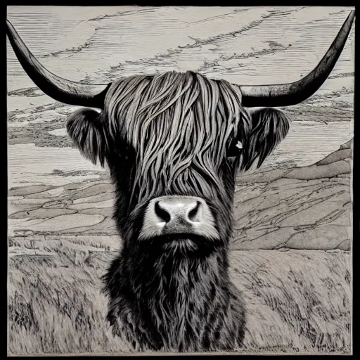 Prompt: highland cow by ed fairburn, joseph clement coll, franklin booth