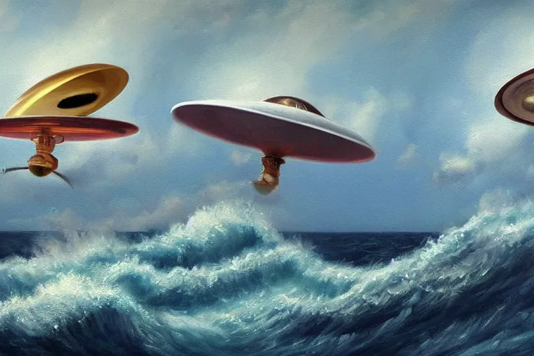 Image similar to two flying saucers battling over the ocean. high detailed oil painting. dramatic.