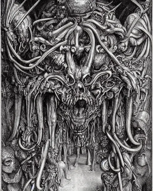 Image similar to gates of hell, fine details, photorealistic, intricate complexity, extremely detailed, very sharp, in the style of albrecht durer,