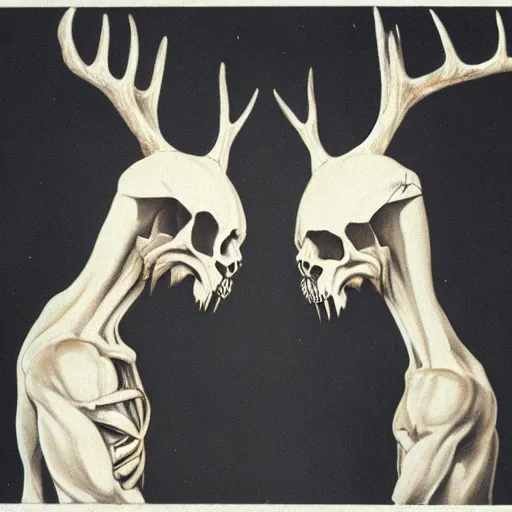 Prompt: two creatures with deerk skull heads shaking hands and looking at the camera, horror, nightmare, terrifying, surreal, nightmare fuel,