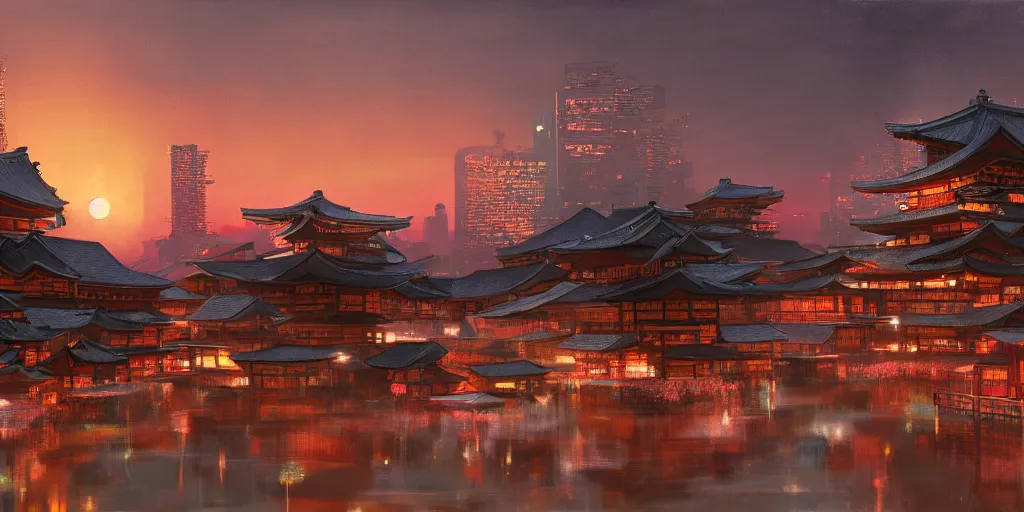 Prompt: Hyper-futuristic, traditional Japanese-themed city during a sunset, tonalism style, trending on Artstation, 8k, 4k, high-res, digital art