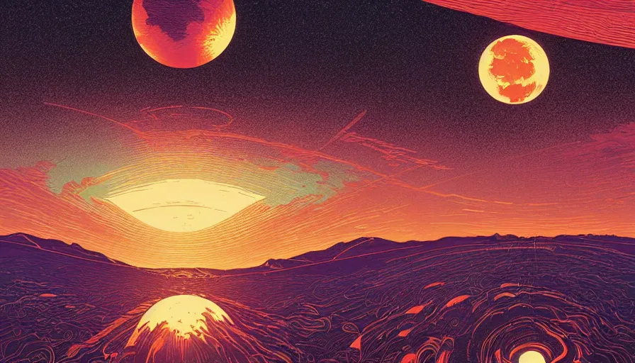 Image similar to harvest moon floating on cosmic maelstrom sky at sunset, futurism, dan mumford, victo ngai, kilian eng, da vinci, josan gonzalez