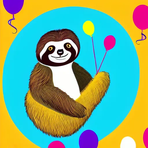 Image similar to book illustration of a sloth holding balloons, book illustration, colorful, white background, colorful image