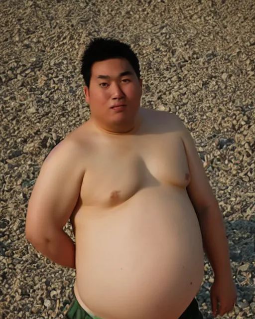 Image similar to photo of a heavily pregnant young asian male protagonist, big belly, on the beach