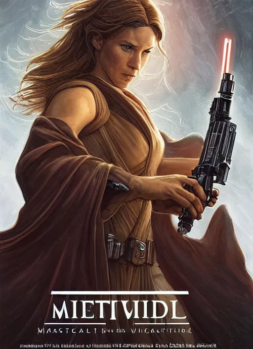 Image similar to movie poster by iain mccaig and magali villeneuve, a beautiful woman jedi master, highly detailed. star wars expanded universe, she is about 2 0 years old, wearing jedi robes.