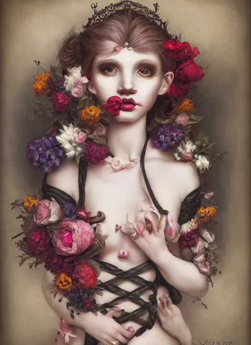 Prompt: pop surrealism, lowbrow art, realistic seductive cute woman painting, body harness, japanese shibari with flowers, hyper realism, muted colours, rococo, natalie shau, loreta lux, tom bagshaw, mark ryden, trevor brown style,