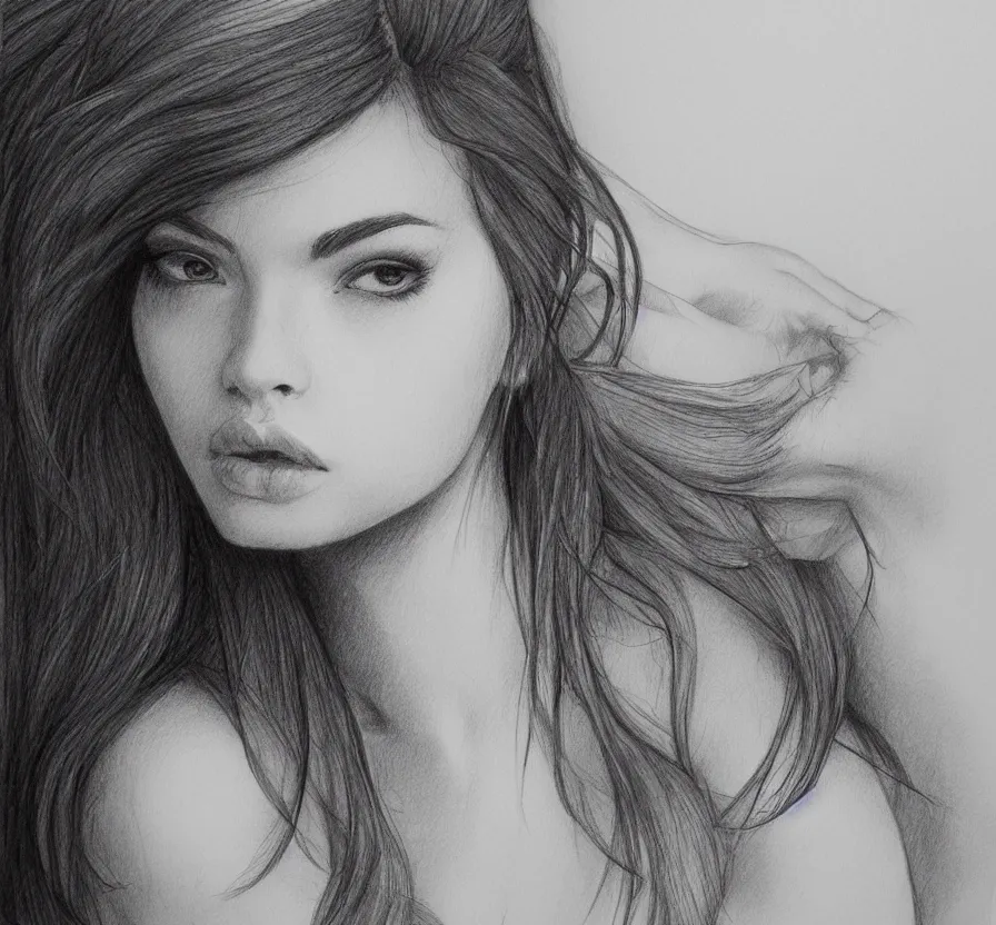 Prompt: woman + posing + photo, pencil drawing, pencil, black, sketch, on paper, realistic, detailed, artstation